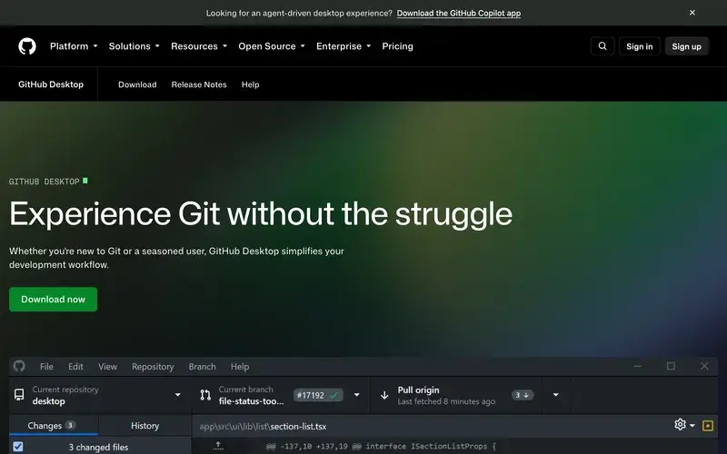 Screenshot of the GitHub Desktop homepage
