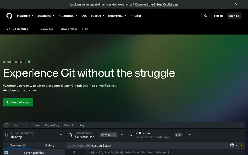 Screenshot of the GitHub Desktop homepage