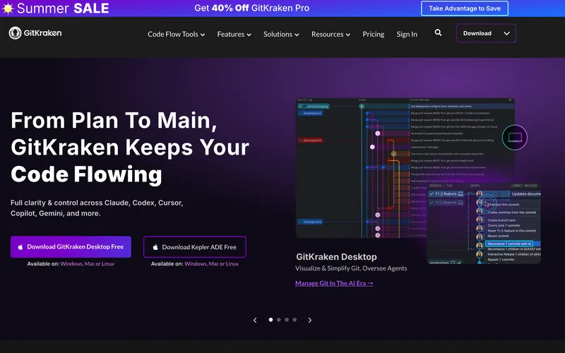 Screenshot of the GitKraken homepage