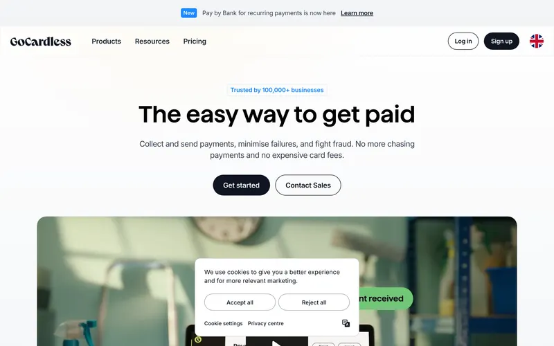 Screenshot of the GoCardless homepage