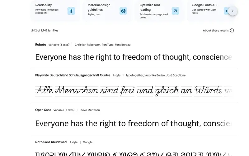 Screenshot of the Google Fonts homepage