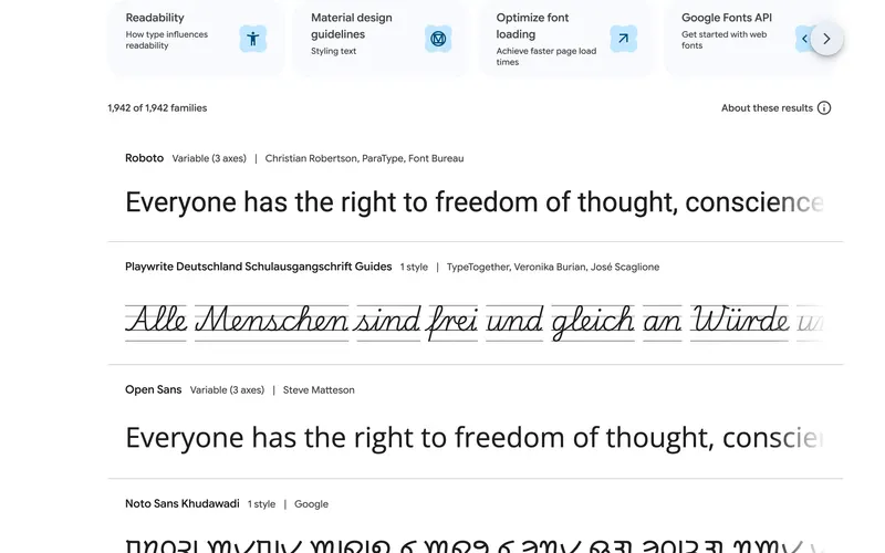Screenshot of the Google Fonts homepage