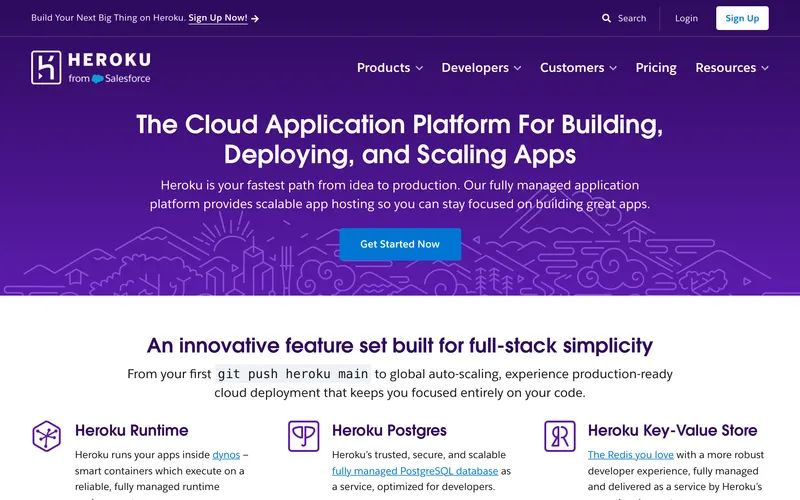 Screenshot of the Heroku homepage