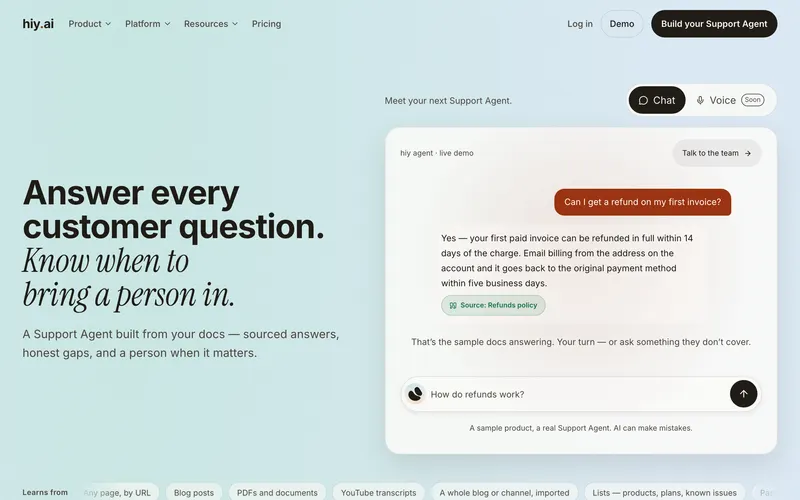 Screenshot of the hiy.ai homepage