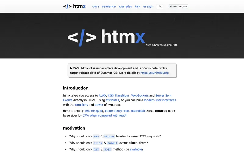 Screenshot of the htmx homepage