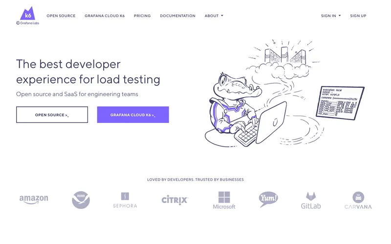Screenshot of the k6 homepage