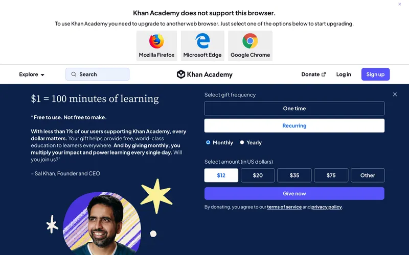 Screenshot of the Khan Academy homepage