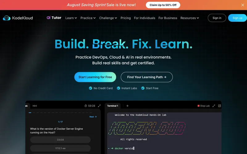 Screenshot of the KodeKloud homepage