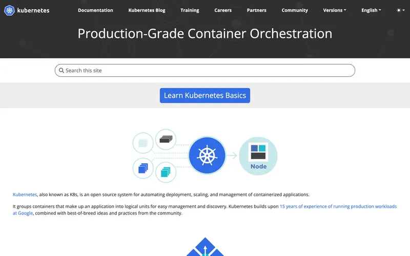 Screenshot of the Kubernetes homepage