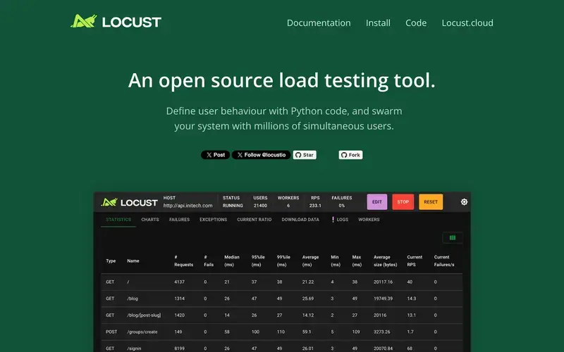 Screenshot of the Locust homepage