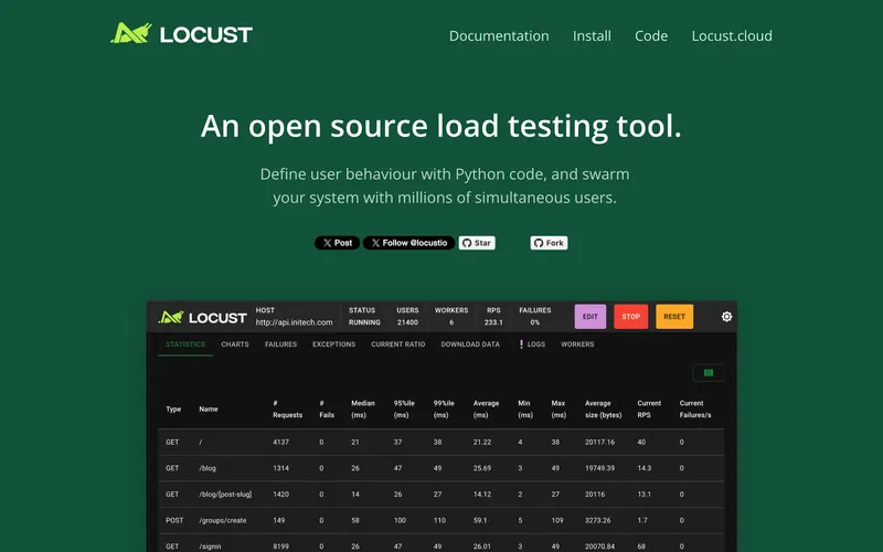 Screenshot of the Locust homepage
