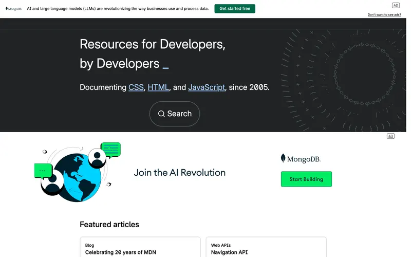 Screenshot of the MDN Web Docs homepage