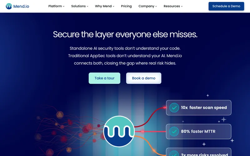 Screenshot of the Mend homepage