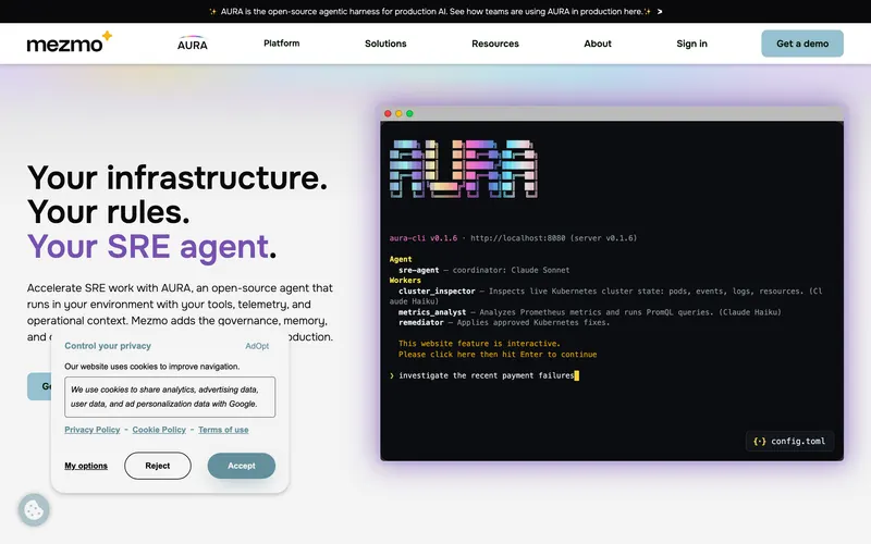 Screenshot of the Mezmo homepage