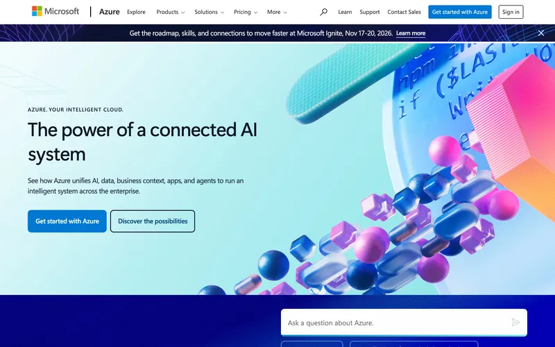 Screenshot of the Microsoft Azure homepage