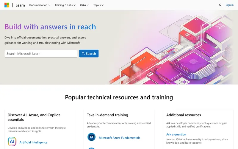 Screenshot of the Microsoft Learn homepage