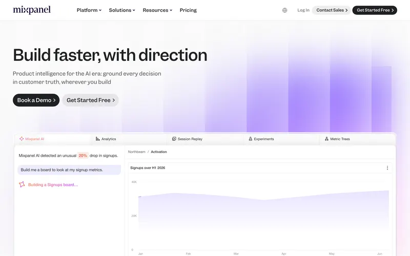 Screenshot of the Mixpanel homepage