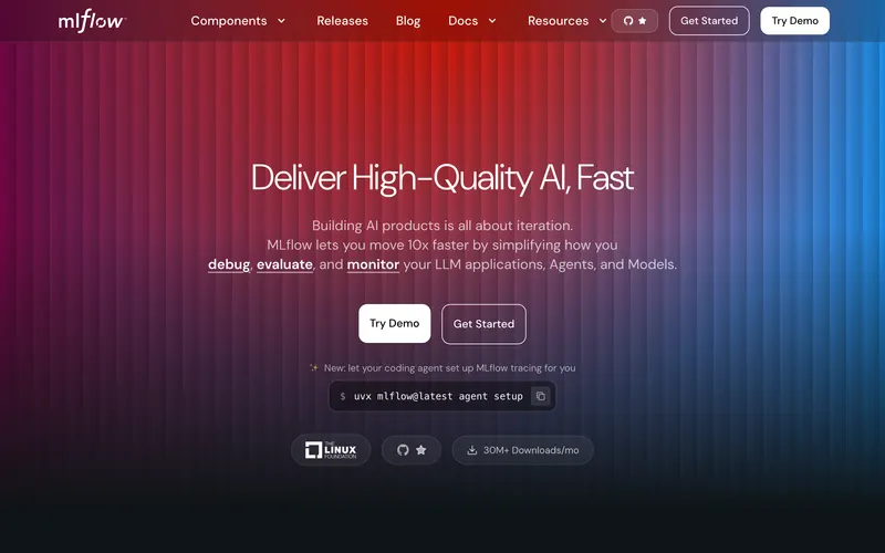Screenshot of the MLflow homepage