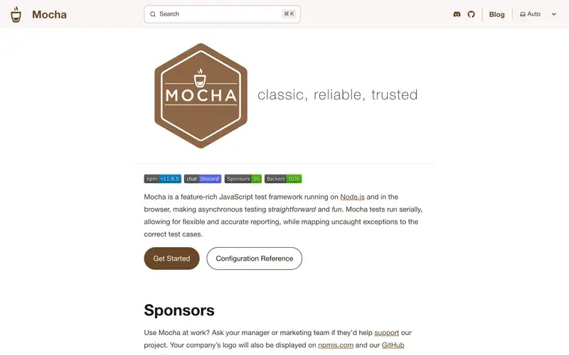 Screenshot of the Mocha homepage