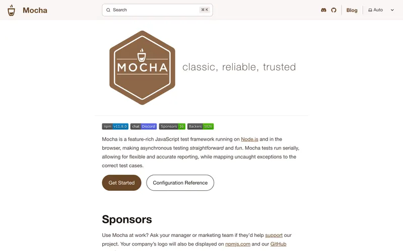 Screenshot of the Mocha homepage