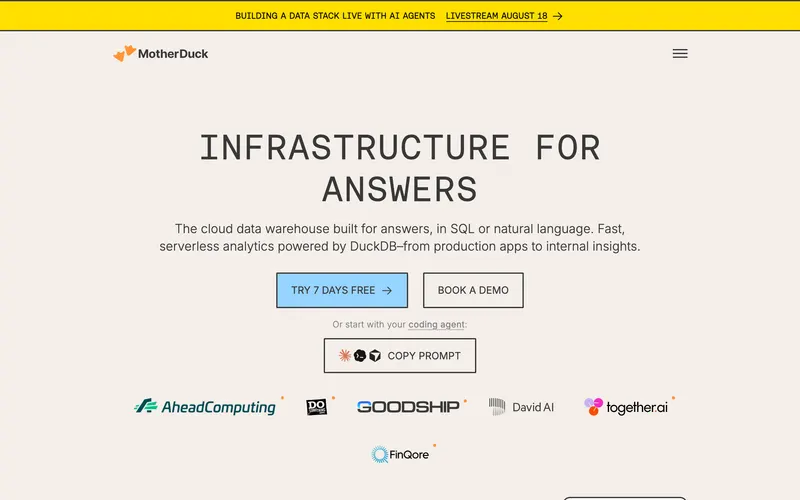 Screenshot of the MotherDuck homepage