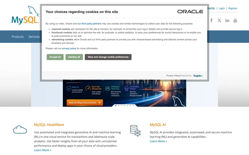 Screenshot of the MySQL homepage