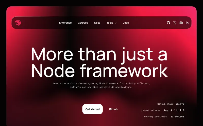 Screenshot of the NestJS homepage