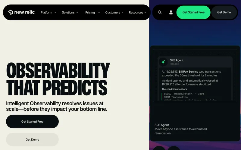 Screenshot of the New Relic homepage