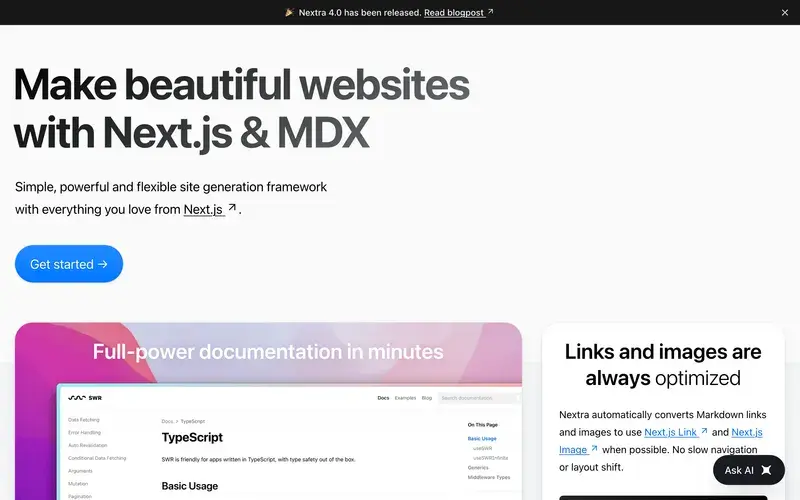 Screenshot of the Nextra homepage