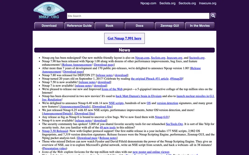 Screenshot of the Nmap homepage