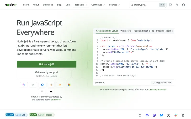 Screenshot of the Node.js homepage