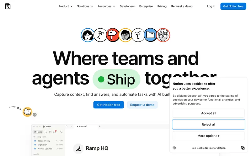 Screenshot of the Notion homepage