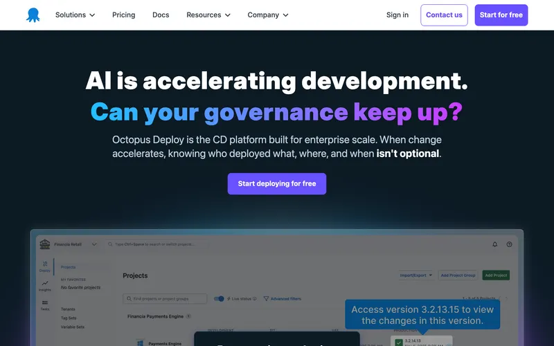 Screenshot of the Octopus Deploy homepage