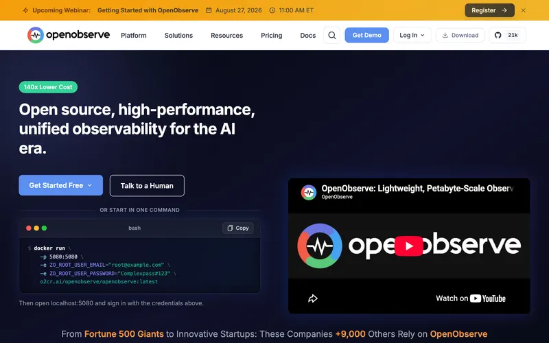 Screenshot of the OpenObserve homepage