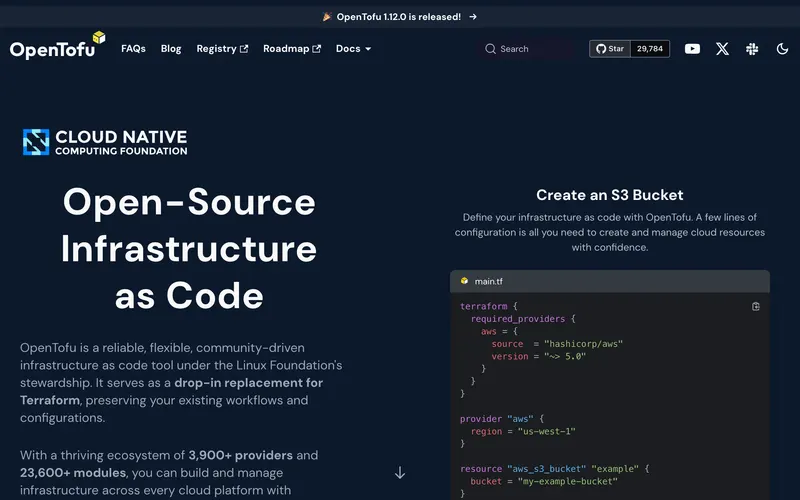 Screenshot of the OpenTofu homepage