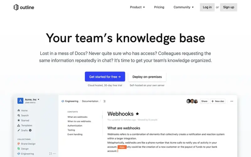 Screenshot of the Outline homepage