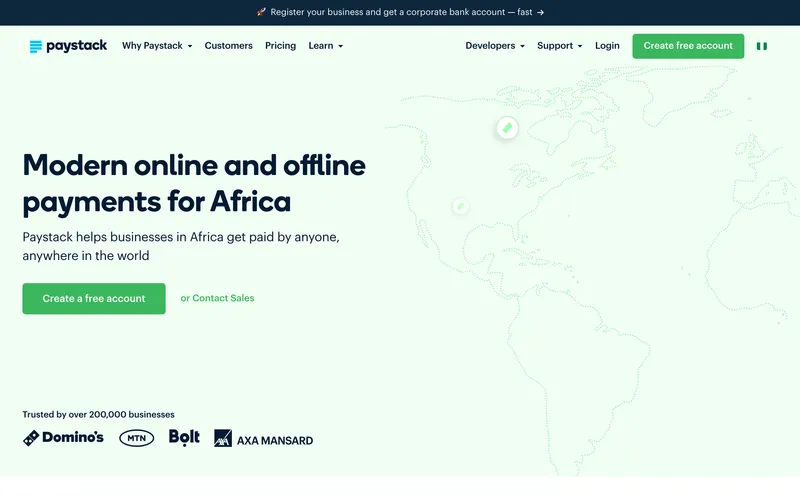 Screenshot of the Paystack homepage