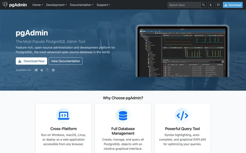 Screenshot of the pgAdmin homepage