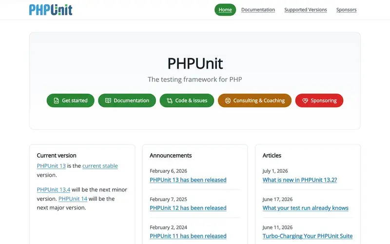 Screenshot of the PHPUnit homepage