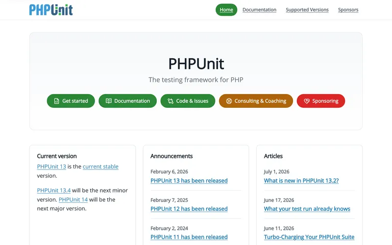 Screenshot of the PHPUnit homepage