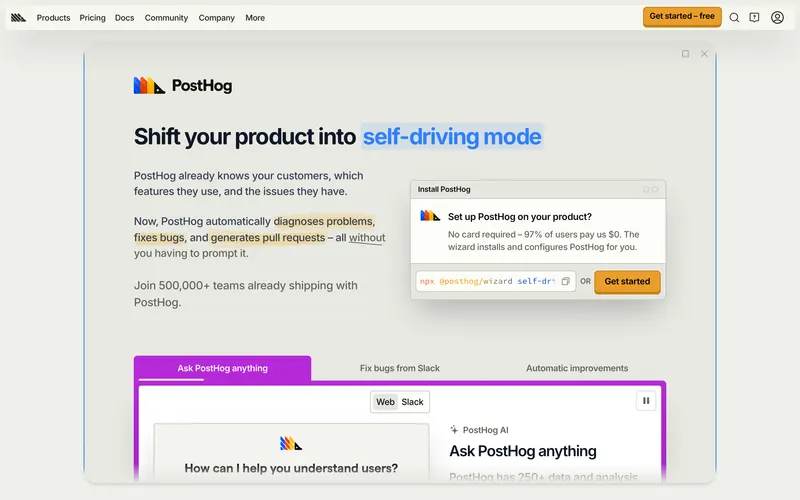 Screenshot of the PostHog homepage