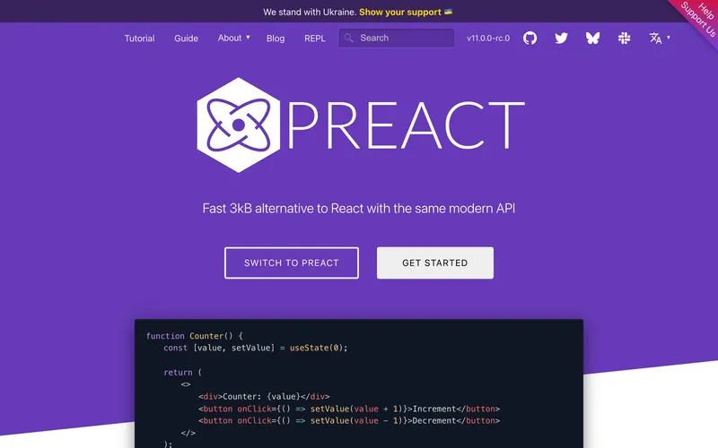 Screenshot of the Preact homepage