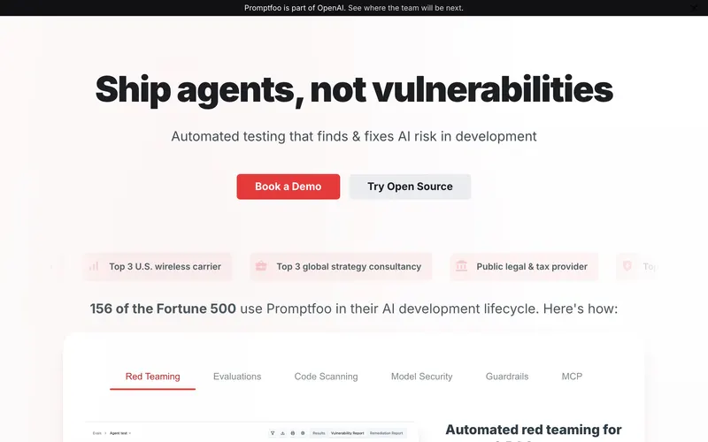 Screenshot of the Promptfoo homepage