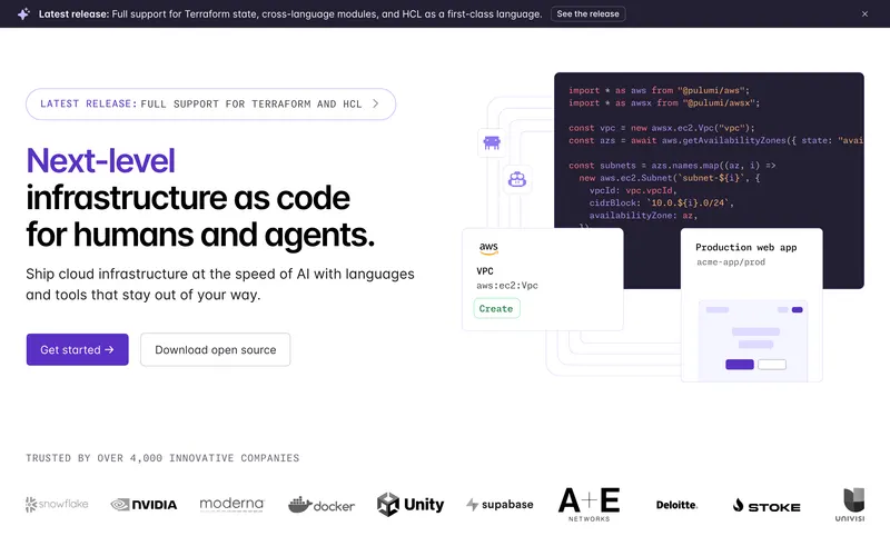 Screenshot of the Pulumi homepage