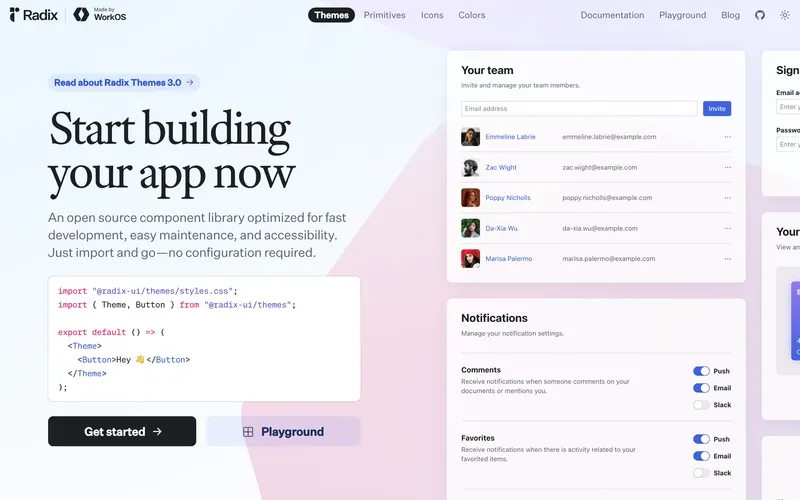 Screenshot of the Radix UI homepage
