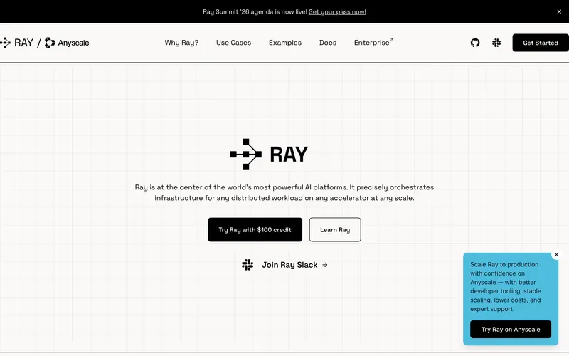 Screenshot of the Ray homepage