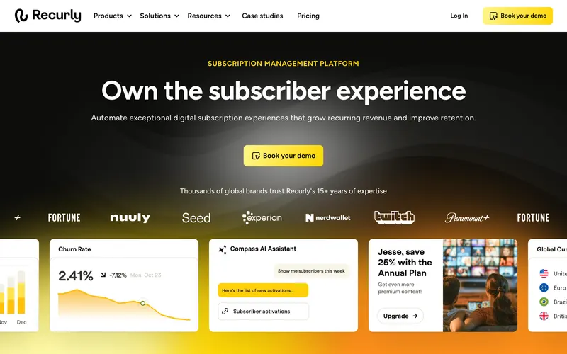 Screenshot of the Recurly homepage