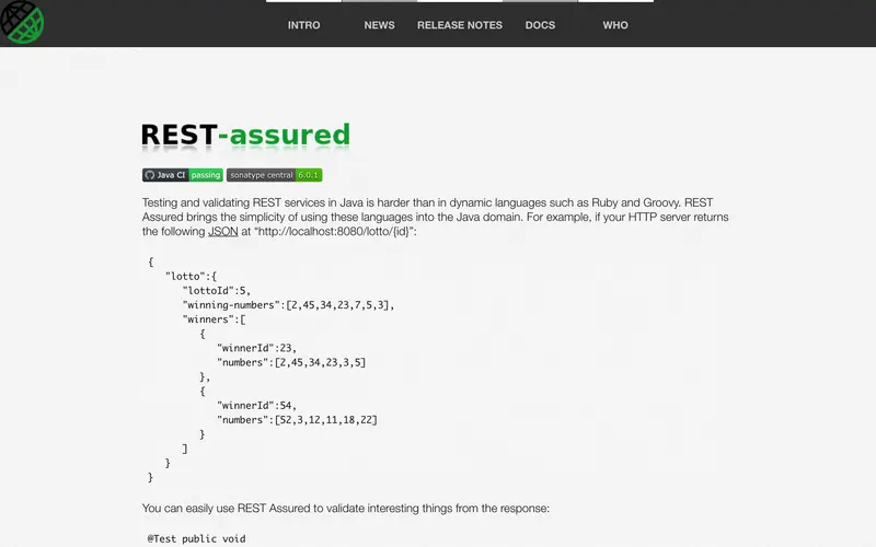 Screenshot of the REST Assured homepage