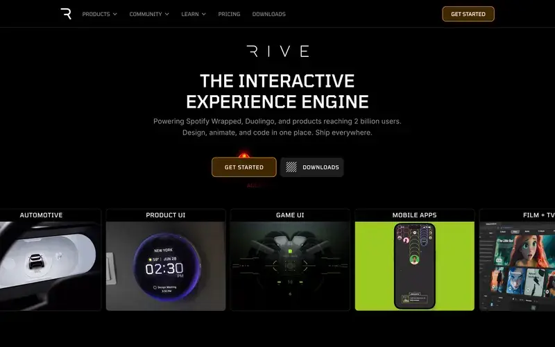 Screenshot of the Rive homepage