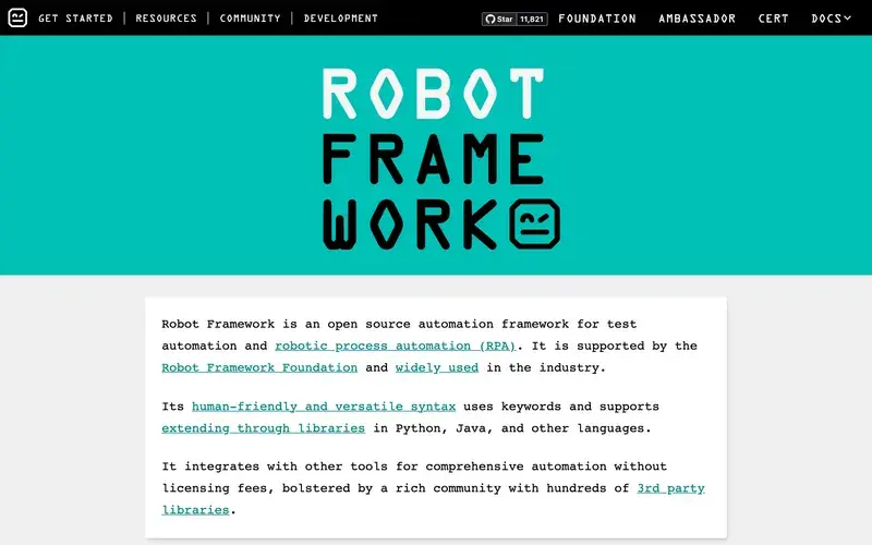 Screenshot of the Robot Framework homepage